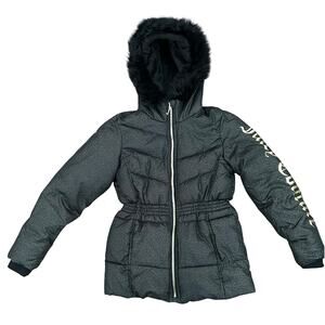 Juicy Couture Girls Kids Black & Gold Sparkle Logo Puffer Coat Jacket Sz S 7/8